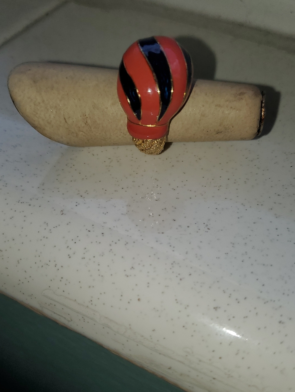 Vintage Coral and Navy Striped Enamel Ring